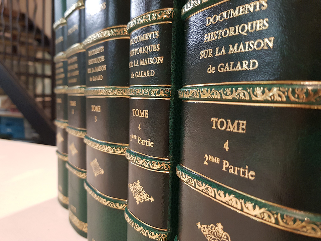 Reliures en cuir de documents historiques avec des dorures &agrave; la main dans l'atelier de reliure d'art.